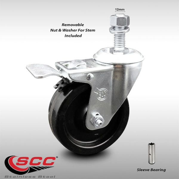 4 Inch SS Phenolic 12mm Threaded Stem Caster with Total Lock Brake SCC
